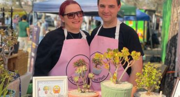 Jeanne van Damme and Brad Burton sell succulents in handcrafted cement pots at the August edition of the Field Market in Parkmore on August 8, 2026. Photo: Xoliswa Zakwe