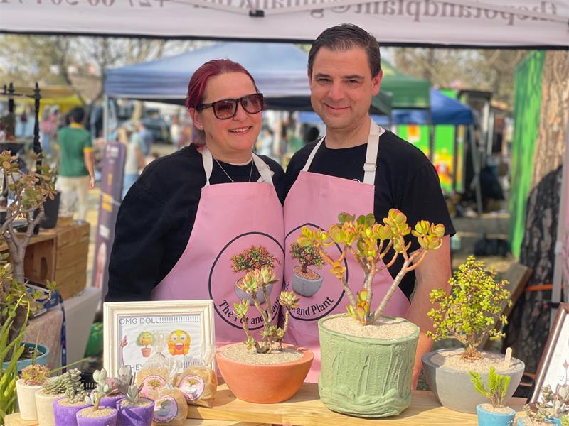 Jeanne van Damme and Brad Burton sell succulents in handcrafted cement pots at the August edition of the Field Market in Parkmore on August 8, 2026. Photo: Xoliswa Zakwe