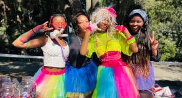 Nonjabulo Shoba, Ella-Rose van Rooyen, Aphiwe Buthelezi, and Simosihle Mokwena rock colourful outfits while promoting their business during Brescia House School's August Rush Market Day on August 4, 2026. Photo: Xoliswa Zakwe