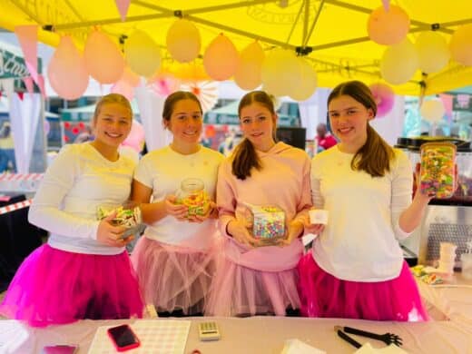 Courtney Viljoen, Erin Wentzel, Peyton Mackrory, and Margarida da Silva sell sweat treats at Brescia House School's August Rush Market Day on August 4, 2026. Photo: Xoliswa Zakwe