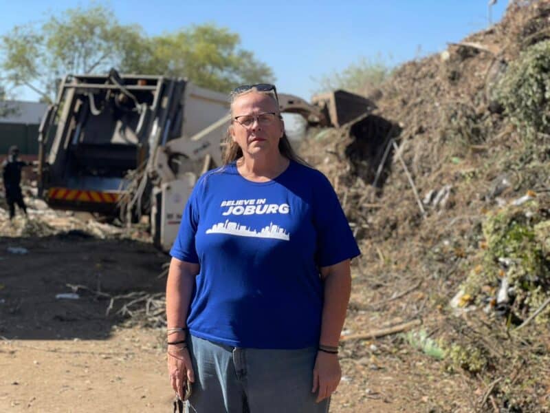 Ward 103 councillor Lynda Shackleford stands among piles of garden refuse at the Pikitup Ballyclare site in Bryanston on August 25, 2026.