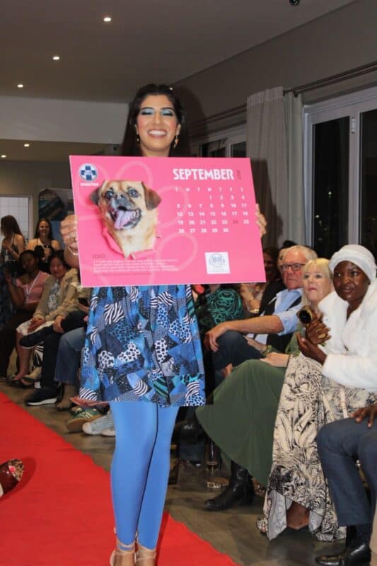 Adiyah Mansing takes to the red carpet with the September page of the Sandton SPCA’s 2027 calendar featuring Coco during the launch at Bryanston Country Club on August 27, 2026.