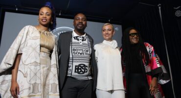 Local Fashion Police 2026 designer and judge Thabo Makheta with Proudly South Africa CEO Eustace Mashimbye and other designers and judges Anel Botha and Mpumelelo Dhlamini at the media launch in Sandton on August 4, 2026. Photo: Xoliswa Zakwe