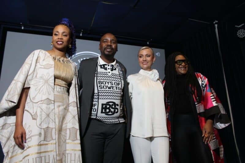 Local Fashion Police 2026 designer and judge Thabo Makheta with Proudly South Africa CEO Eustace Mashimbye and other designers and judges Anel Botha and Mpumelelo Dhlamini at the media launch in Sandton on August 4, 2026. Photo: Xoliswa Zakwe