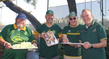 Mike Leeuwen, Jaco Grobler, Deadly Hedley Ahlers and Kevin Barbeau pull up with some Bokkie energy with their Springbok Shank Potjie at Bryanston Sports Club on September 12, 2026. Photo: Xoliswa Zakwe