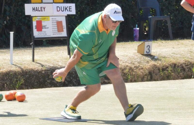 Jason Evans puts his best foot forward as he prepares to make his delivery at the Perfect Delivery Johannesburg Bowls Association Masters 2026 held at Moriningside on August 29 to 30, 2026.