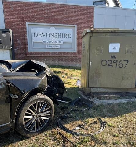 A vehicle crashes into the City Power mini-substation at the corner of Devonshire Avenue and Bryanston Drive in Bryanston on August 22, 2026.