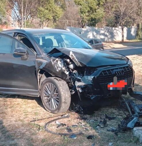 A vehicle crashes into the City Power mini-substation at the corner of Devonshire Avenue and Bryanston Drive in Bryanston on August 22, 2026.