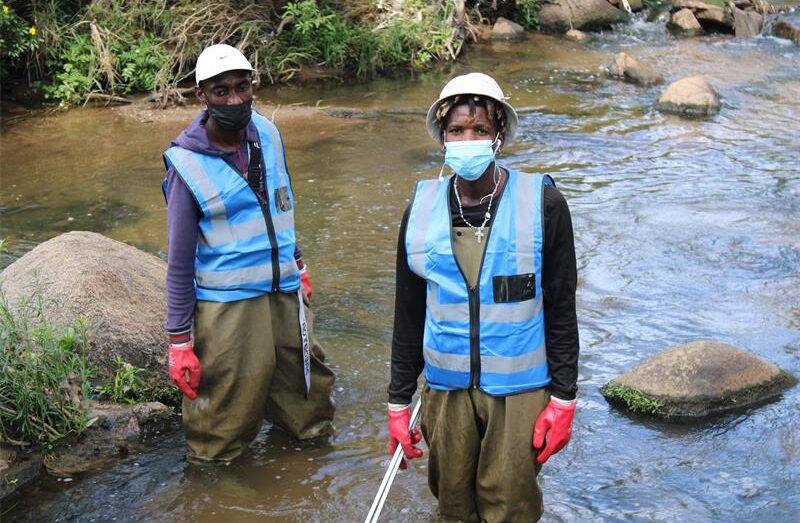 Hemel Tlou and Thabo Bakers take part in the Braamfontein Spruit clean-up in Bryanston during World Cleanup Day on September 20, 2026.