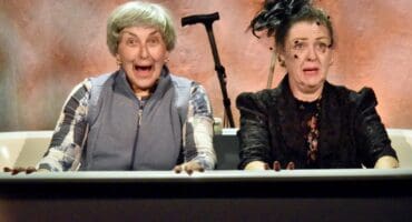 Ladies of Lavare cast members Camilla Waldman and Shaeleen Tobin stuck in a bathtub on the day of opening night at Theatre on the Square on October 1, 2026. Photo: Xoliswa Zakwe