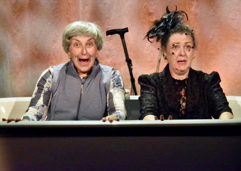Ladies of Lavare cast members Camilla Waldman and Shaeleen Tobin stuck in a bathtub on the day of opening night at Theatre on the Square on October 1, 2026. Photo: Xoliswa Zakwe