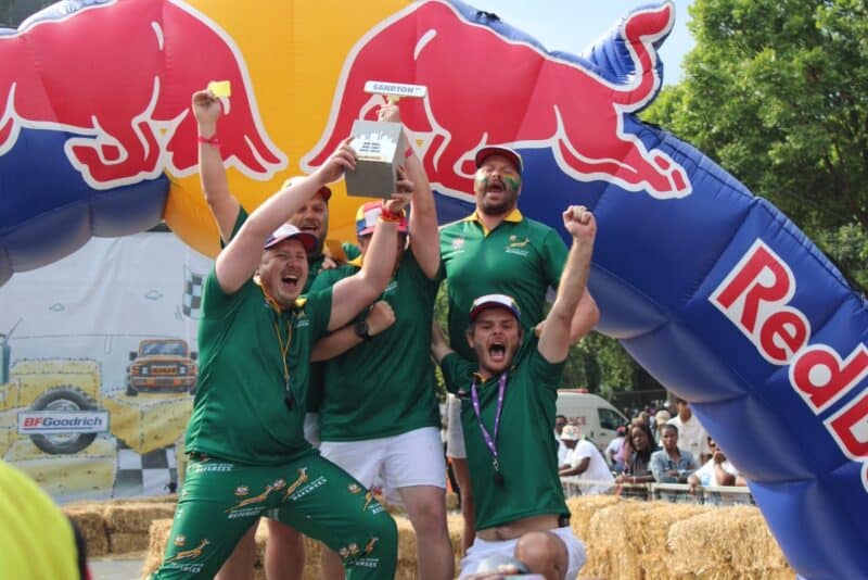 A Johannesburg box cart team tackled the Red Bull track in green jerseys and face paint, braving a high-speed crash on the course.