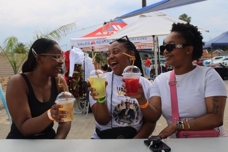 Enclair Klofo, Kamohelo Skhosana and Pontsho Tema enjoy a relaxed atmosphere at Ward 81 Market Day in Bramley on October 10, 2026.