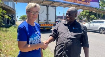 Ward 102 councillor Bea Campbell-Cloete and Kena Outdoor head of development and infrastructure Daniel Lori join forces to support the clean-up and ongoing maintenance of the Winnie Mandela Drive and Grosvenor Road pedestrian walkway in Bryanston on October 23, 2026.