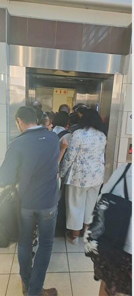 Commuters crowd the lift at Gautrain Sandton Station as escalators are non-functional. Photo: Supplied