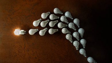 CFL leading a pack of outdated, dark incandescent lightbulbs