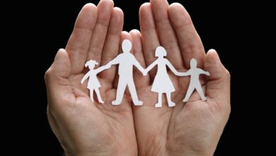 Cutout paper chain family with the protection of cupped hands, c