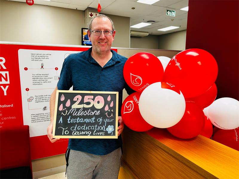 SANBS celebrates Mark Hydes for his unwavering commitment to saving lives through 250 blood donations.