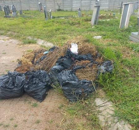 After waiting almost a year for overgrown grass to bet cut, Alberton residents are now dealing loose piles of cut grass left scattered at Kromvlei Cemetery.