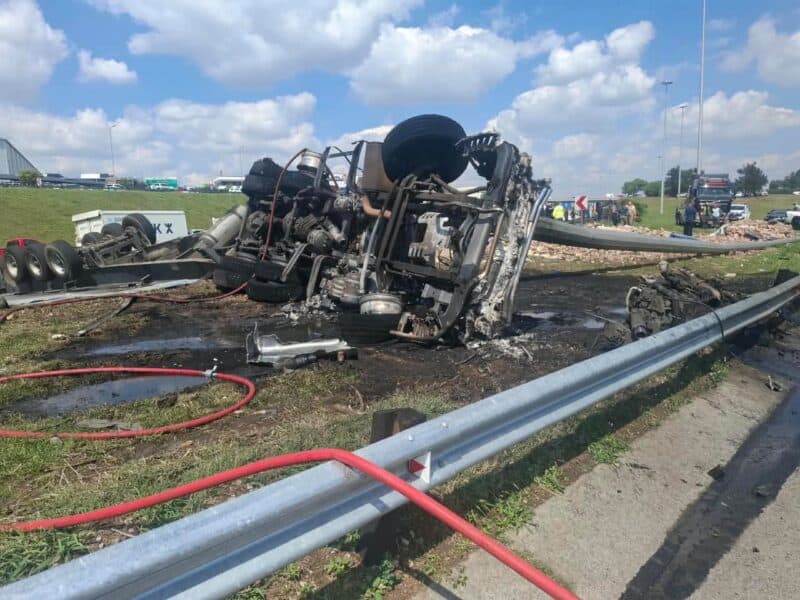 Several lanes on the N3 and N12 are closed after an articulated truck jack-knifed and caught alight at the Elands Interchange in Germiston.
