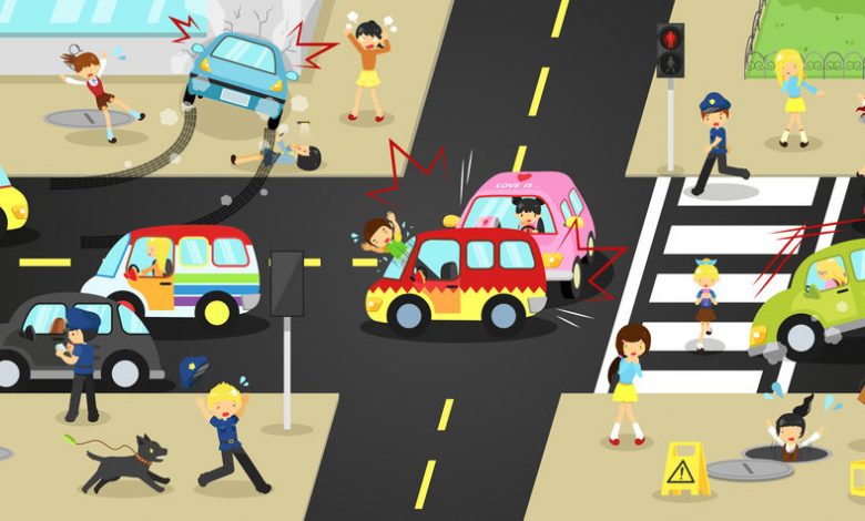 Accidents, injuries, danger and safety caution on traffic road v