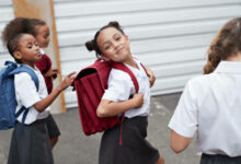 Children at modern school facility