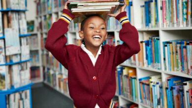 Children at modern school facility