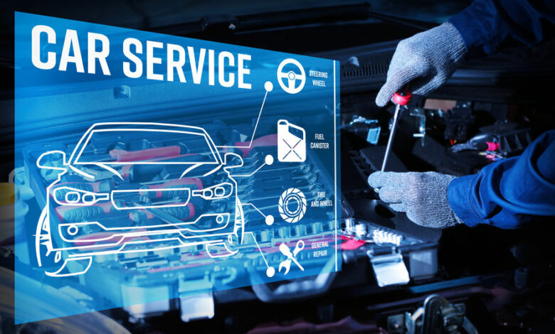 Interface of modern car diagnostic program on engine background. Car service concept.