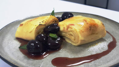 Gourmet pancakes with brandied berries