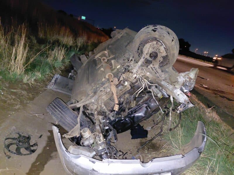 Emergency teams rushed to the scene after a car carrying four men overturned on the R59 in Alberton, leaving two dead and two others hospitalised.