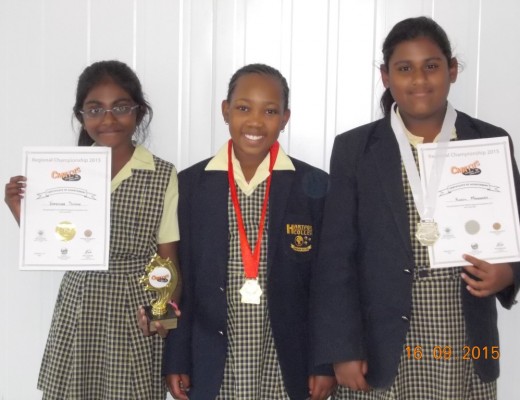 Learners who competed in the C-maths Olympiad. Tamisha Sinan (grade 3) was awarded Champion of Champions in her age group. Rego Pheloane (grade 4) was Champion of Champions in her age group and Kajol Maharaj, from grade 4 received a silver, second place.