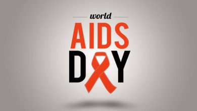 AIDS awareness red ribbon poster title message. HIV symbol