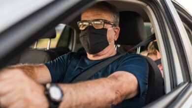Car driver wearing protective mask