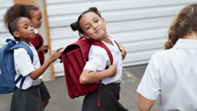 Children at modern school facility