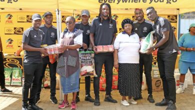 MTN8 Goals for Charity Handover - Orlando Pirates Players with Little Rose Founder Mom Ouma Majola