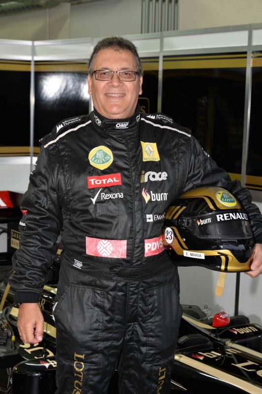 Emanuel Maria in the Lotus Formula 1 team race suit at the Paul Ricard Circuit.