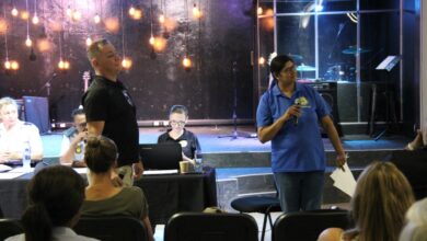 Wanderers Haven's Johnny Swannepoel and Amanzimtoti Community Police Forum's Merlene Matthew take questions.