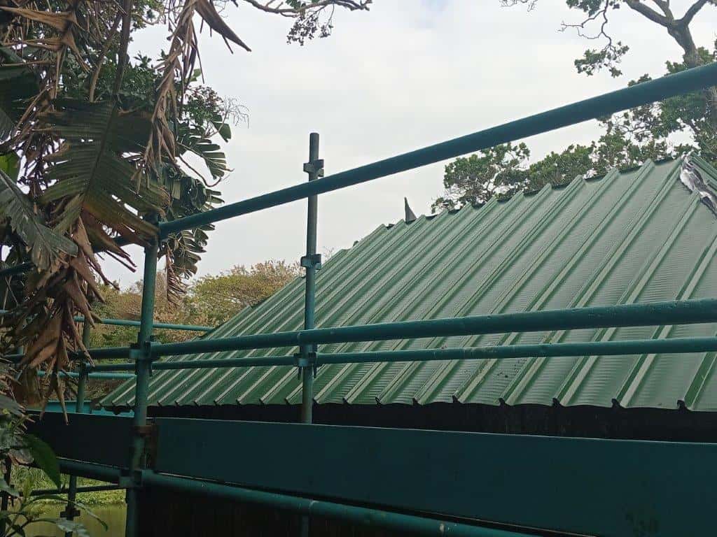 The roof of a bird hide undergoing refurbishment.