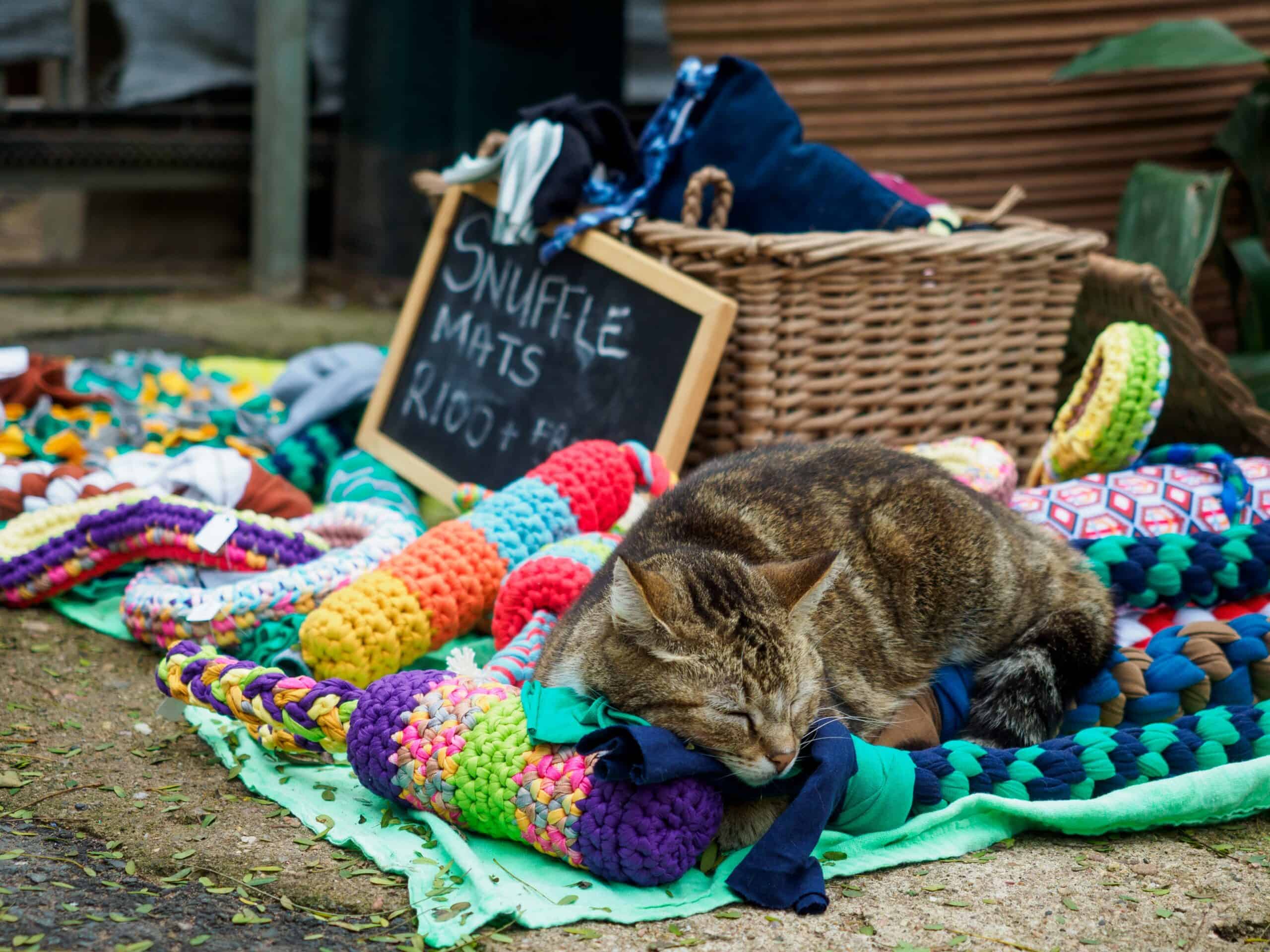 A cat snuggling up on a crocheted mat.