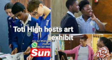 Learners from high school and primary school, as well as parents viewing art at an art exhibition.