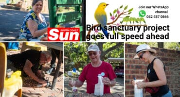 Photos showing people cleaning around the area at a bird sanctuary