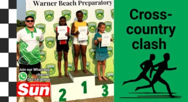 three child athletes for a cross country event on a podium, and an educator.