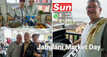 Photos of elderly residents at a market day.