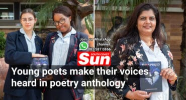Two photos. One with two high school learners holding a book, the other with a teacher.
