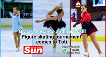 Three figure skaters on ice.