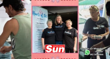 Left is a picture of a man packing a hamper, middle is a group of three women and right is a woman holding a food parcel.