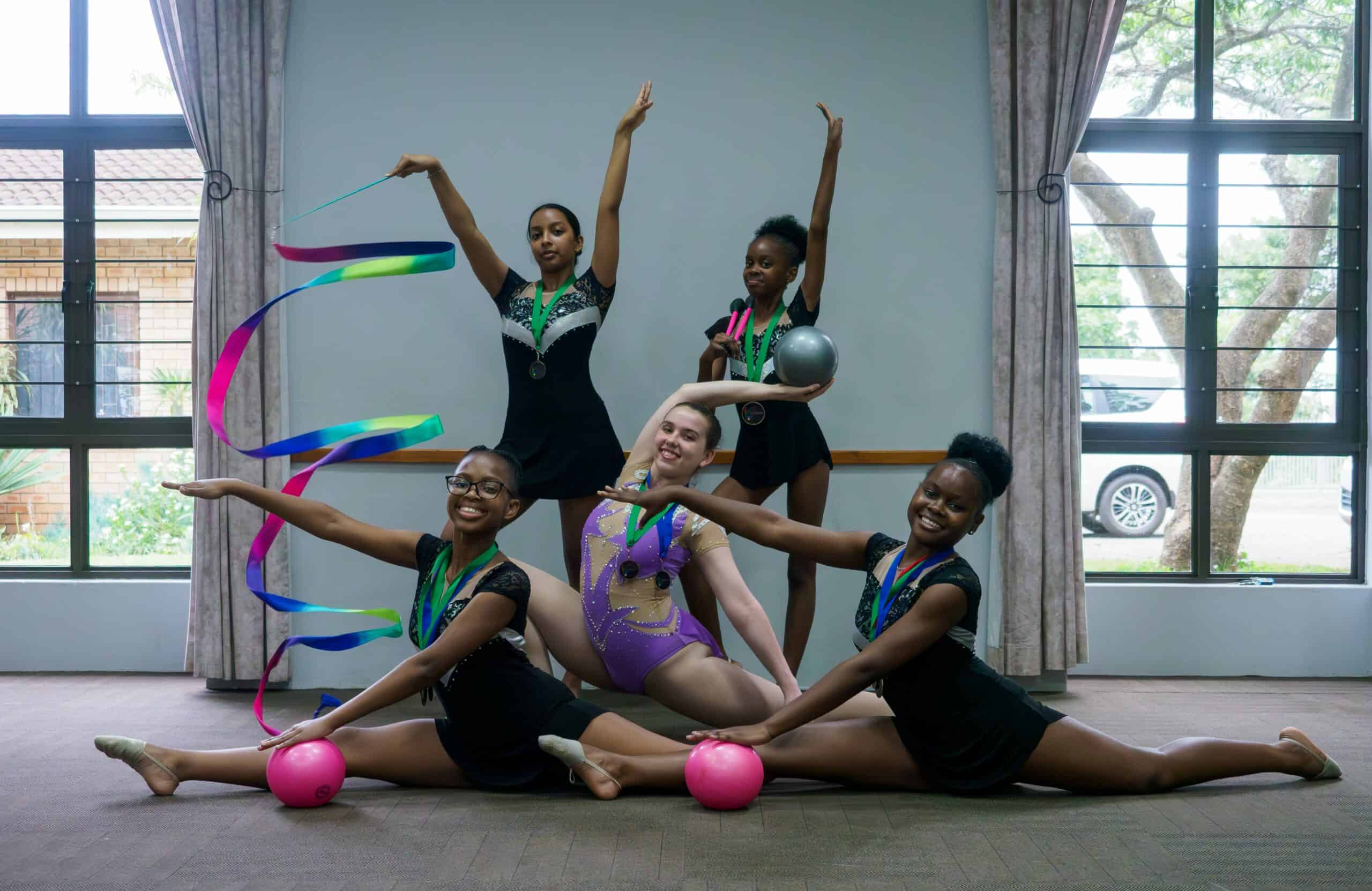 A group of rhythmic gymnasts