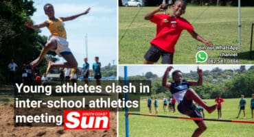 A child doing long jump, one doing short put and one doing high jump.