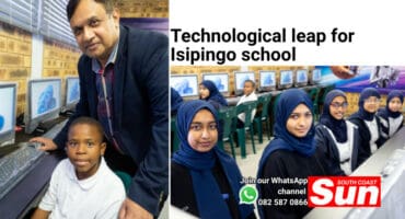 Photo on the left shows a teacher and a learner at a computer. Photo on the right shows learners sitting at their computer lab seats.