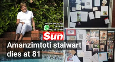 An elderly woman sitting by her pool. Blackboards with memorial messages and photographs.